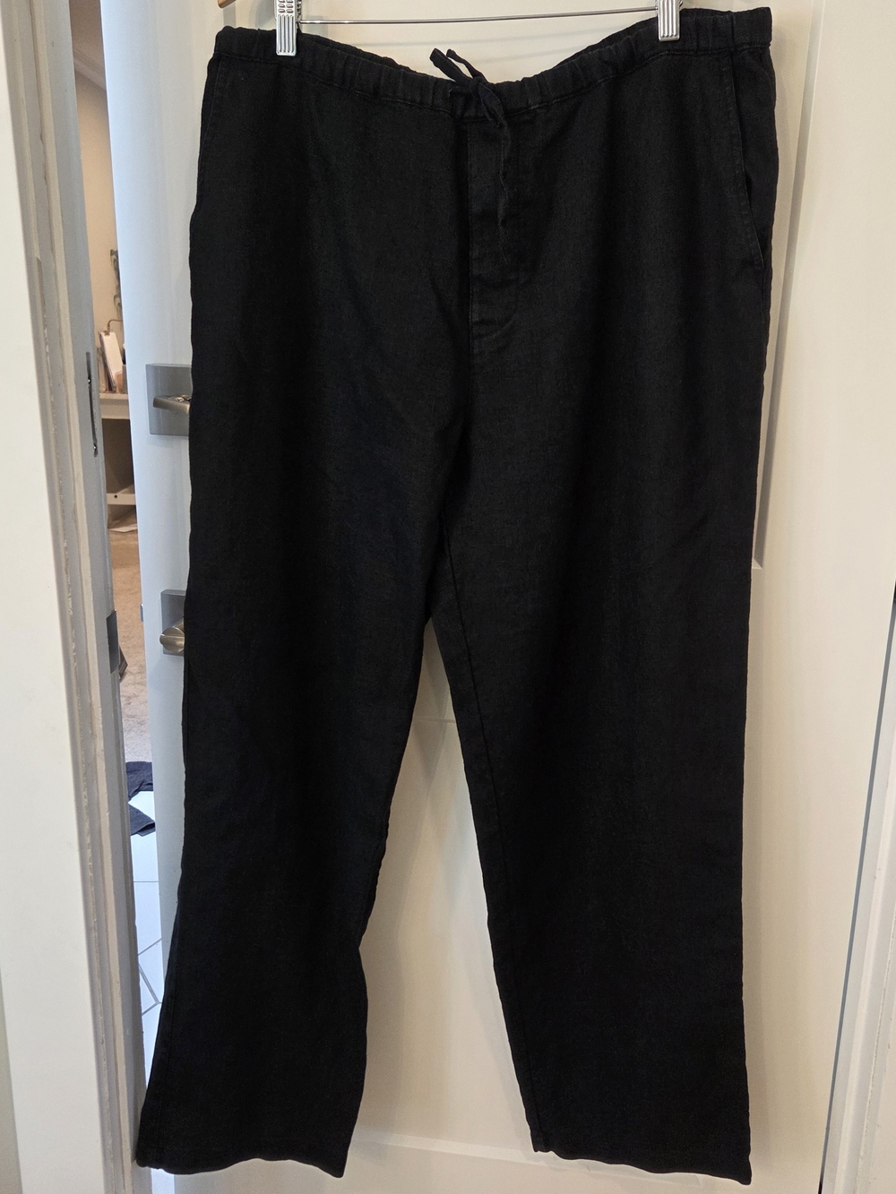 Dorian Bolick Collection 100% Linen Pants L Black Drawstring Waist Lagen Look